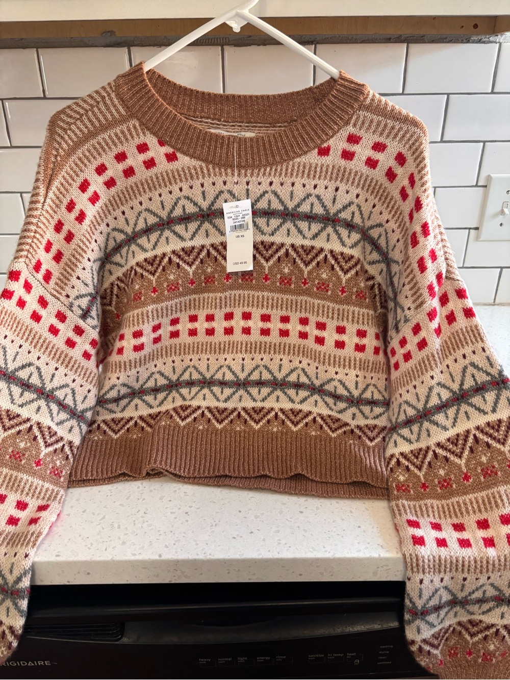 Cozy Patterned Crewneck Sweater - Cream & Brown American eagle